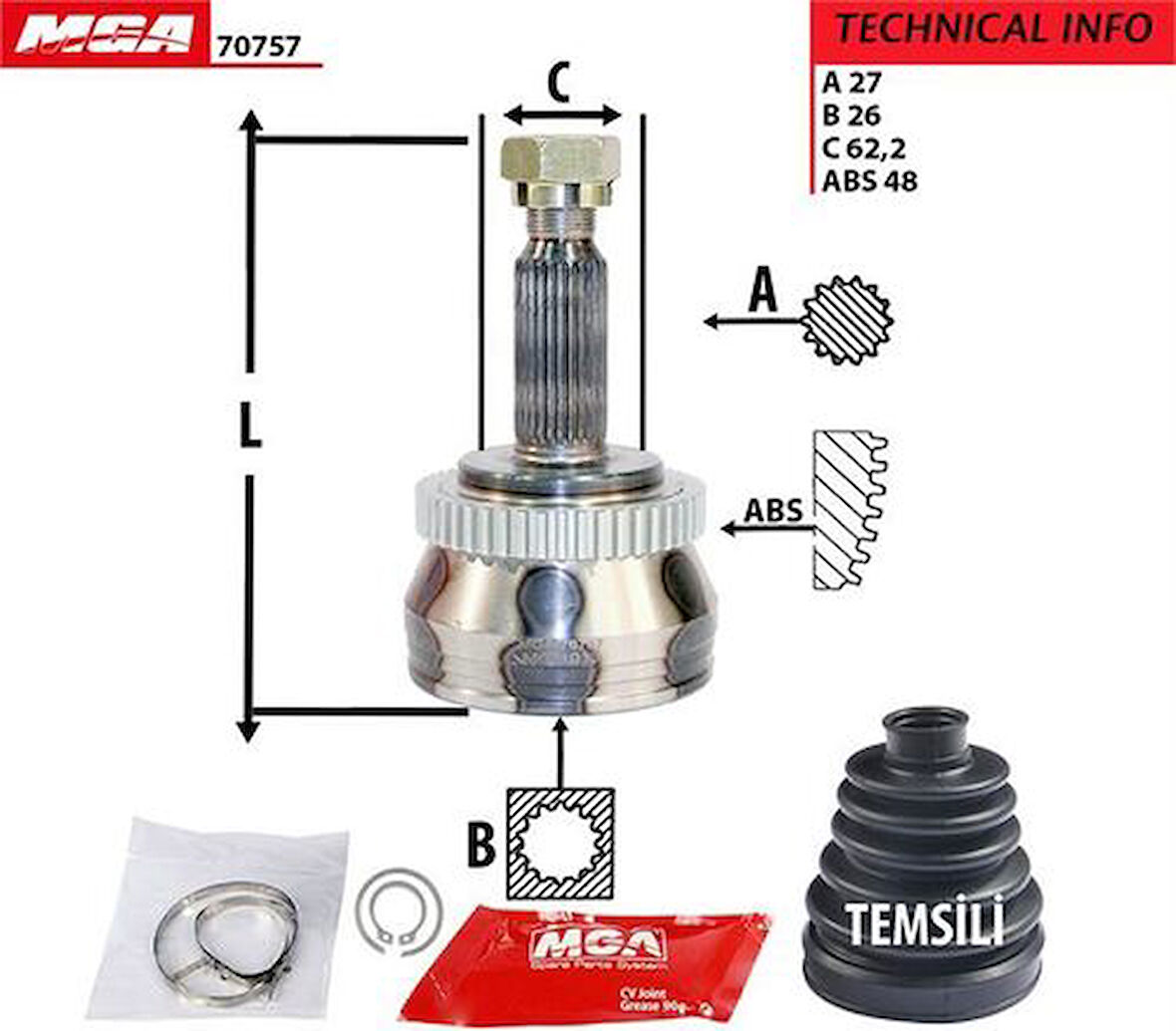 MGA 70757 Aks Kafa Diş-ABS'li Hyundai Tucson 04-10 27x26x62.2XABS-47 