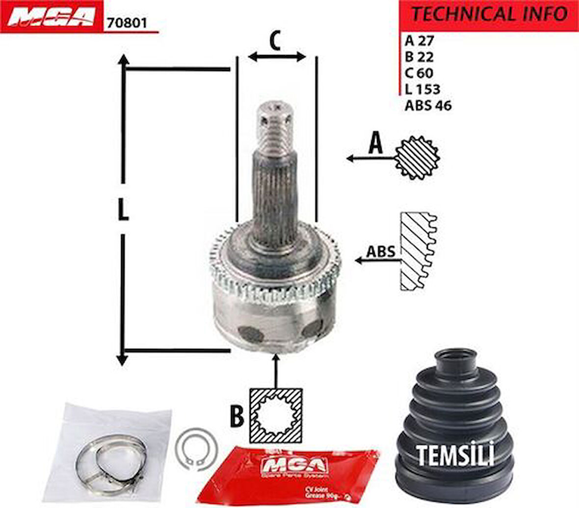 MGA 70801 Aks Kafa Diş-ABS'li I30 08-11 1.4-1.6-Ceed 06-11 1.4-1.6 Cerato 1.6-2.0 04-27x22x60-ABS-45 495001L010