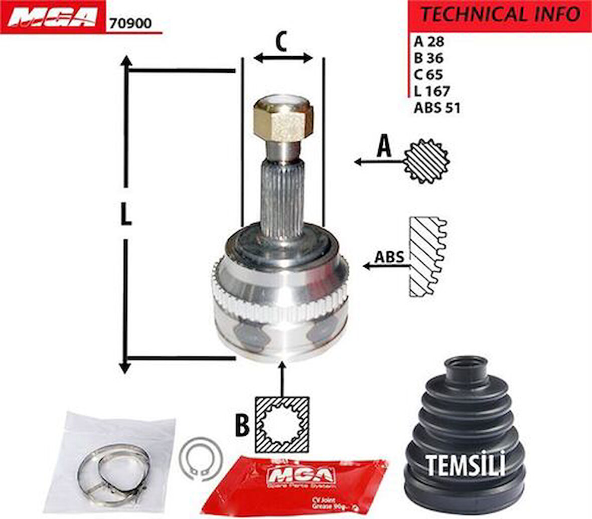 MGA 70900 Aks Kafası Diş ABS'li 51D İnce Freze Master II 2.5 DCI 2.8DTI 04-28x36x64.49 8200178618