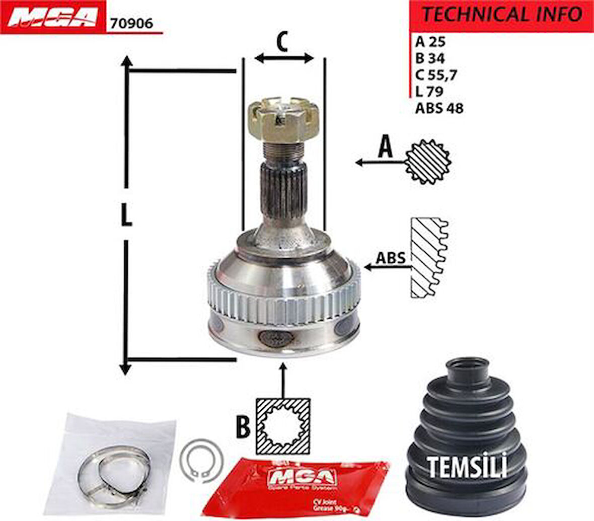 MGA 70906 Aks Kafası ABS'li Diş Sağ Sol 205 1.9GTI 98-Xsantıa 2.0 16V-1.9 TD 98- 3273.J9