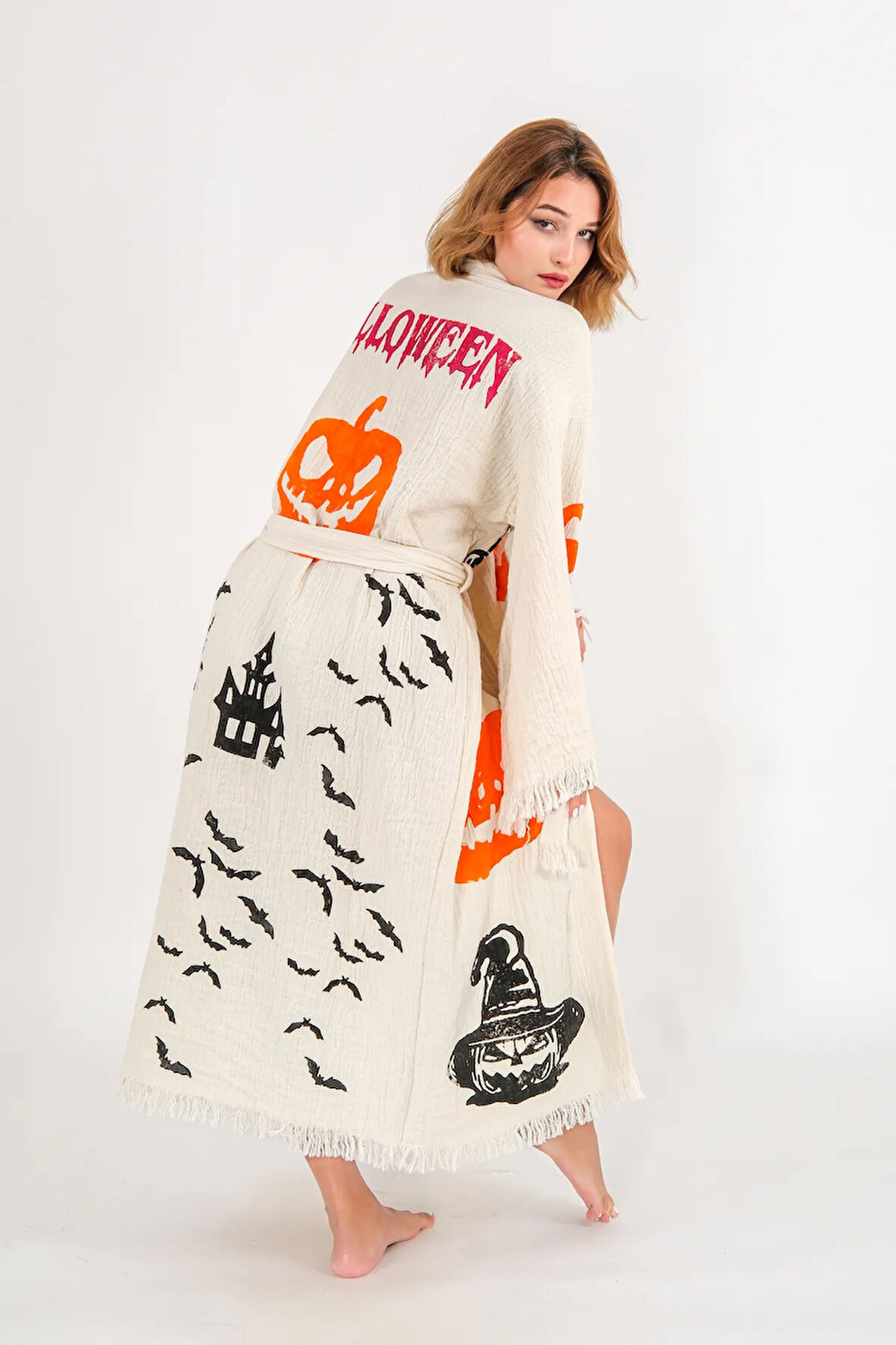 Halloween Müslin Kimono %100 Pamuklu Bornoz Kaftan Sabahlık