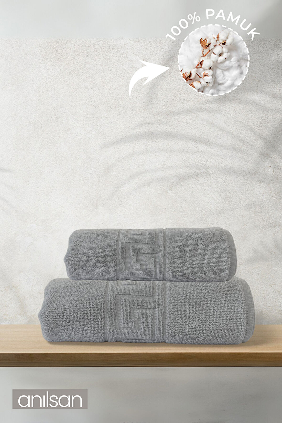 2'li Gri Greek Havlu Seti %100 Pamuk- 1 Adet El Havlusu 50x90 ve 1 Adet Banyo Havlusu 70x140