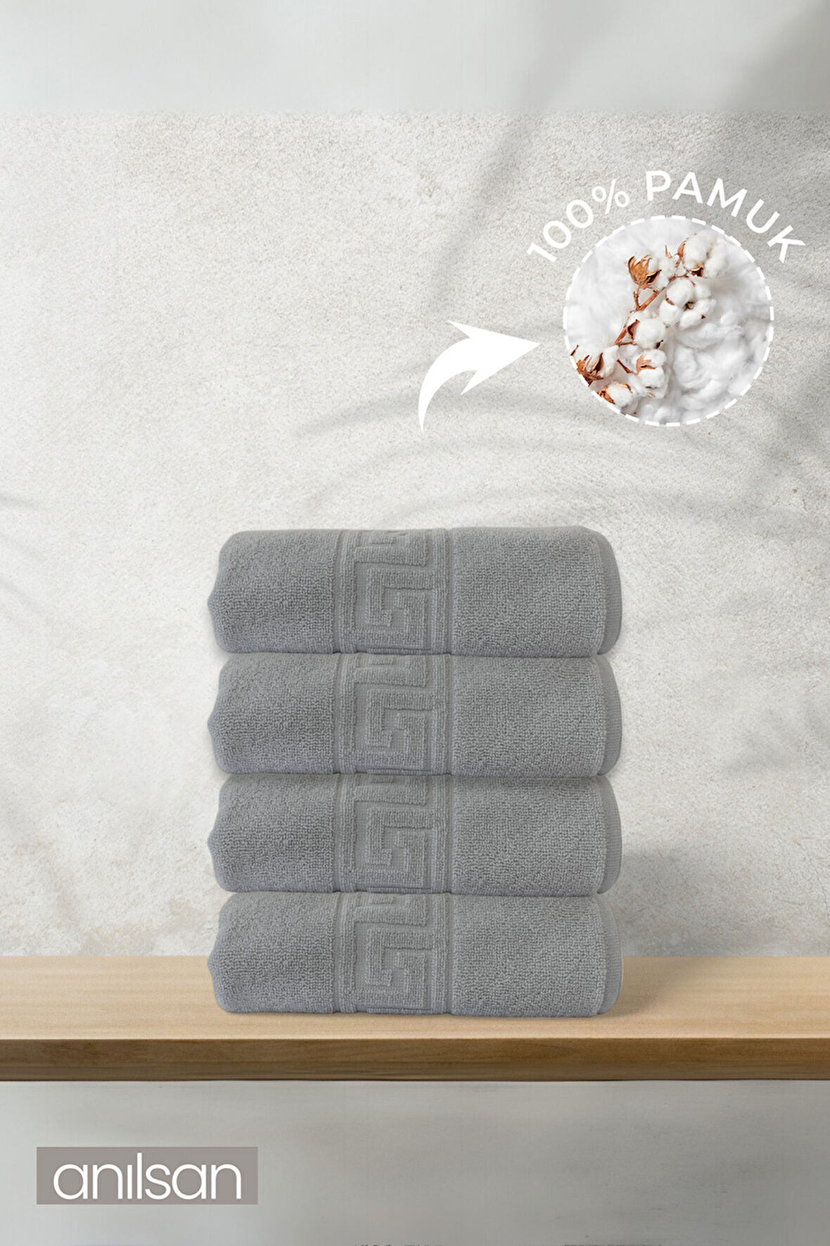 4'lü Gri Greek El Havlusu - 50x90 Cm, 225 Gr, %100 Pamuk, Spa Ve Otel Havlusu, Günlük Kullanıma Uygun