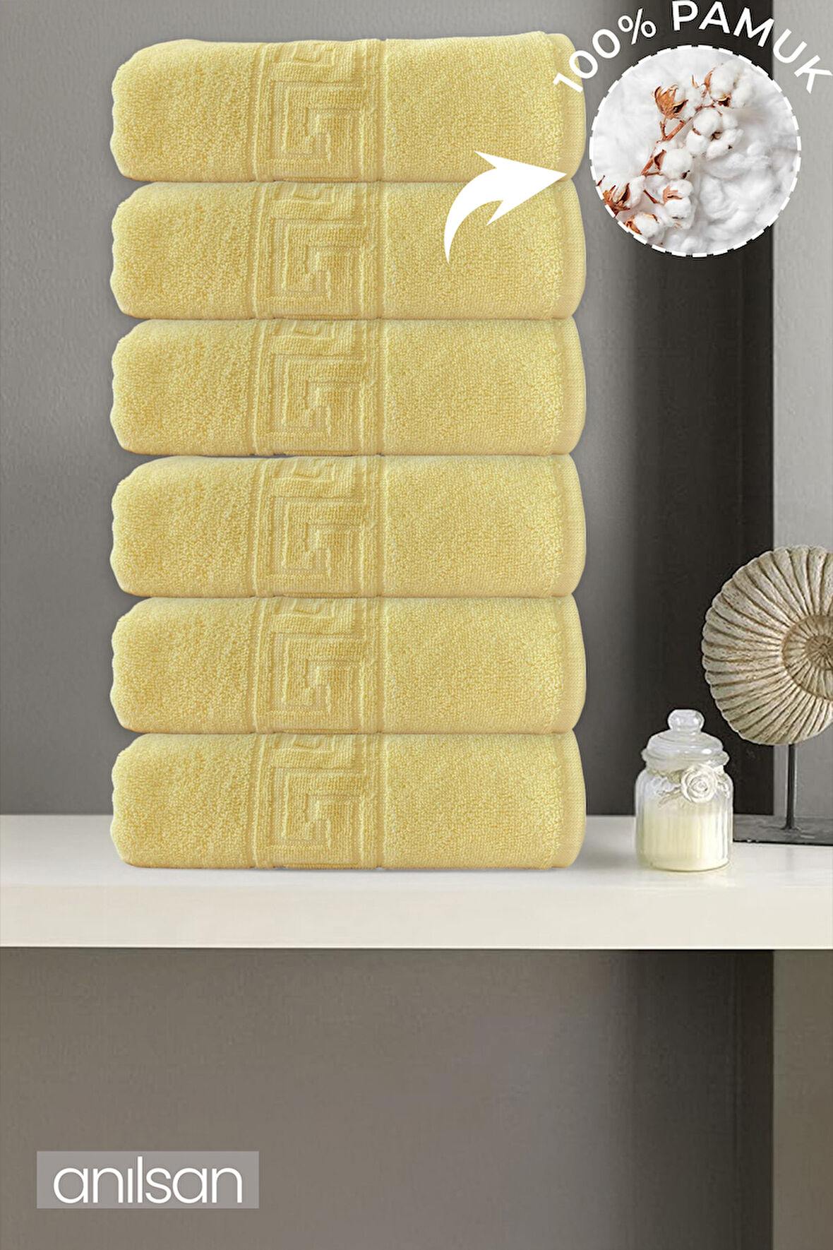 6'lı Sarı Greek El Havlusu - 50x90 Cm, 225 Gr, %100 Pamuk, Spa Ve Otel Havlusu, Günlük Kullanıma Uygun