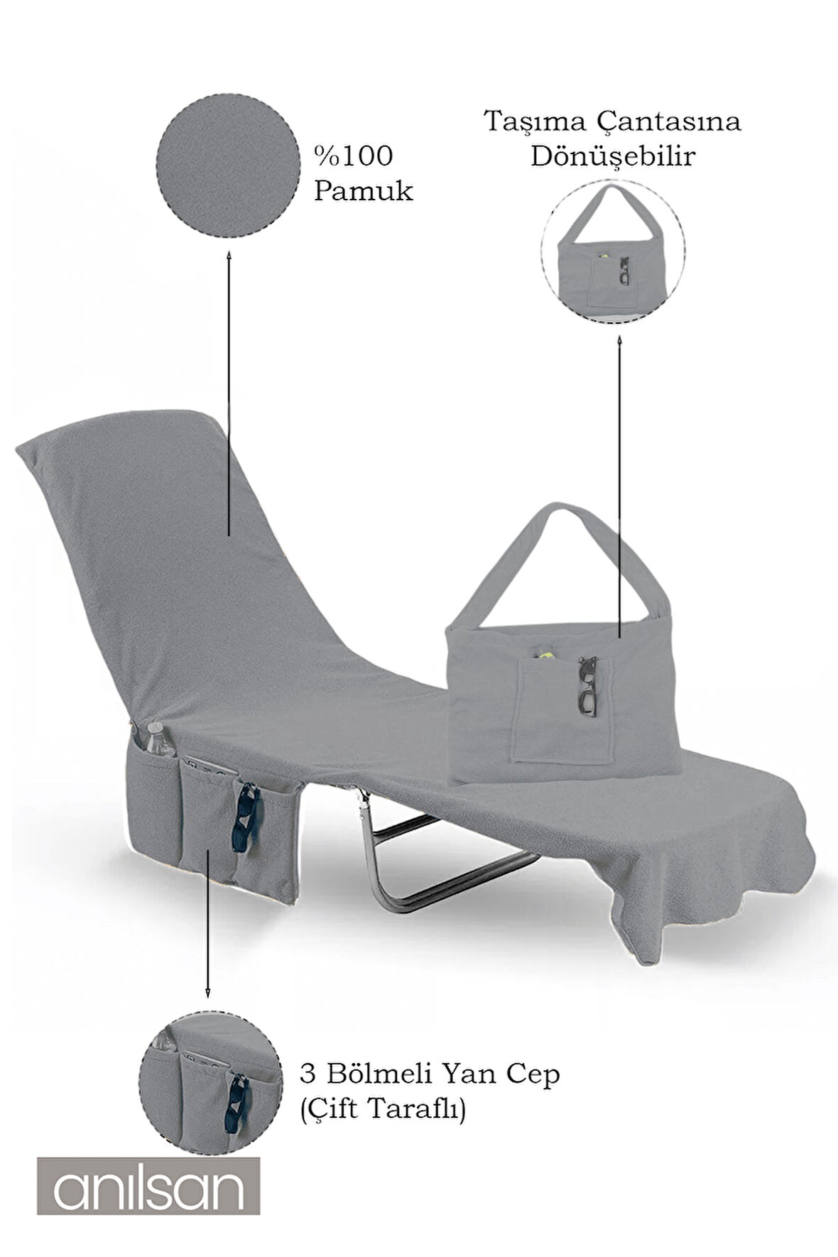 %100 Pamuk Şezlong Havlusu Antrasit 60x180 cm - Hızlı Kuruyan Plaj ve Havuz Havlusu