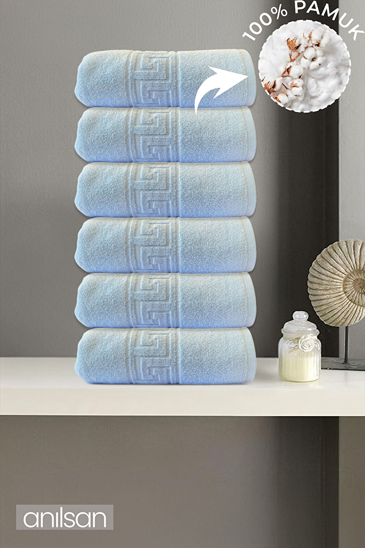 6'lı Mavi Greek El Havlusu - 50x90 Cm, 225 Gr, %100 Pamuk, Spa Ve Otel Havlusu, Günlük Kullanıma Uygun
