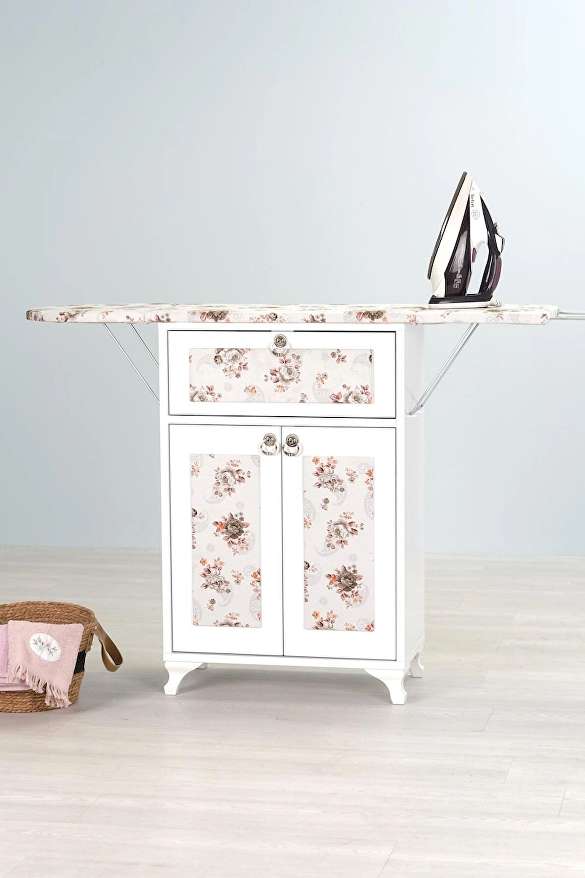 Mistik Home Rose Katlanır Dolaplı Ütü Masası / Ütü Dolabı – Beyaz Gövde, Yeşil Çiçek Desenli