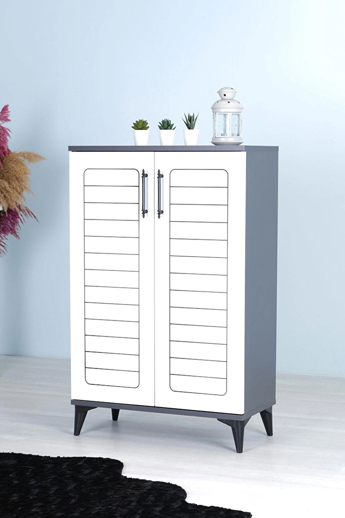 Mistik Home Luna 2 Kapaklı 4 Bölmeli Modern Ayakkabılık - Beyaz / Antrasit | 70x108x35 Cm
