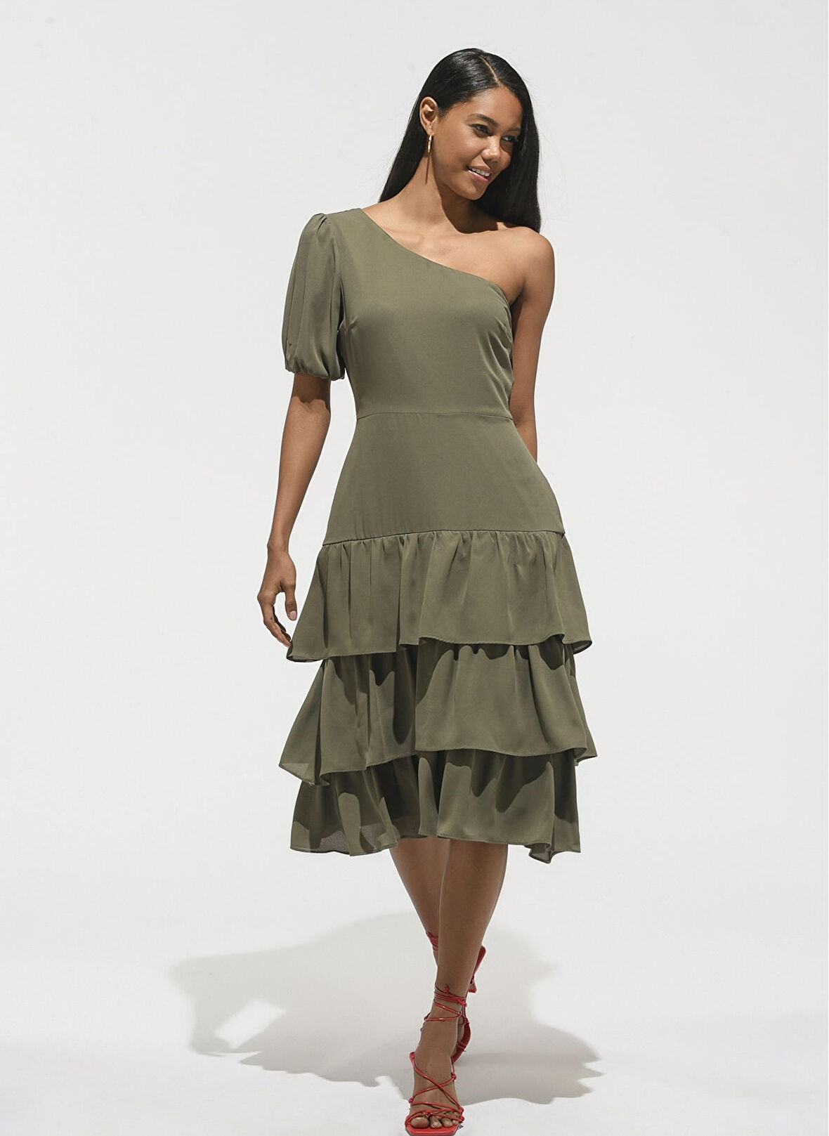 People By Fabrika Haki Kadın Midi Tek Omuz Elbise PFKSS22EL0079