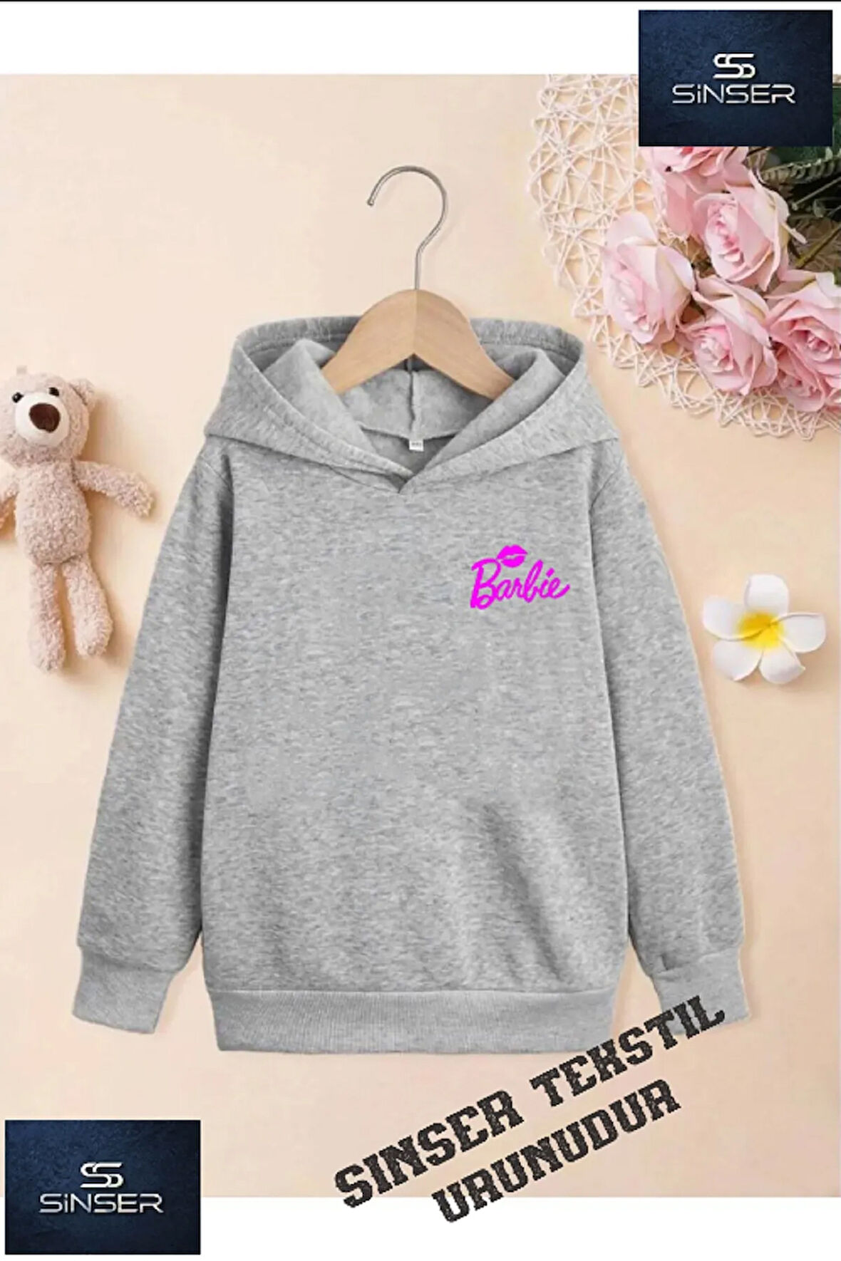Kız/Erkek Çocuk Beyaz Kapüşonlu ''OPPUCUKLU BARBY'' Baskılı Sweatshirt