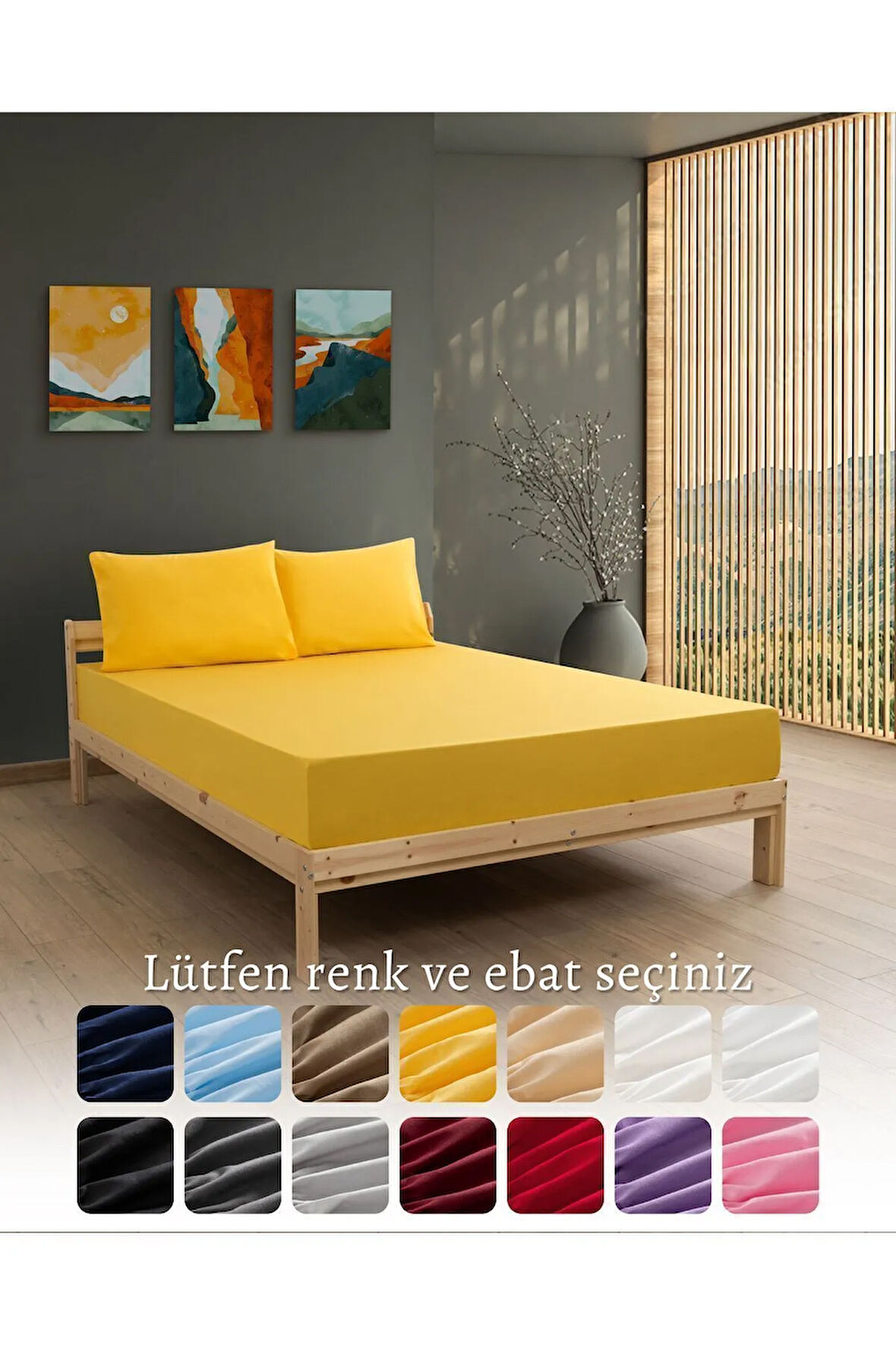 Sarı Renkli Lastikli Çift Kişilik Çarşaf Takımı (pamuklu Nevresim Kumaşı, Yastık Kılıflı) 7 Farklı Ebat