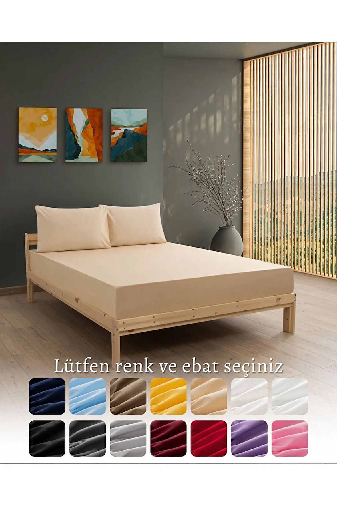 Bej Renkli Lastikli Çift Kişilik Çarşaf Takımı (PAMUKLU NEVRESİM KUMAŞI, YASTIK KILIFLI) 7 Farklı Ebat