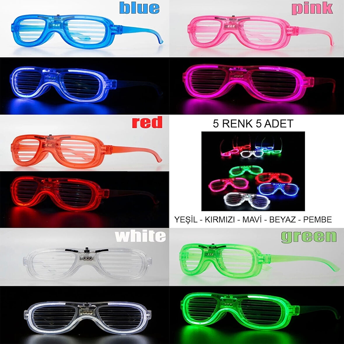 CEYLAN ADAM Glow Model Led Işıklı Parti Gözlüğü 3 Modlu 5 Renk 5 Adet