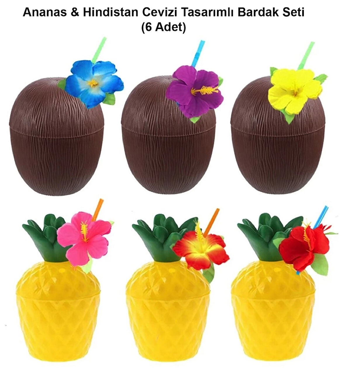 Ananas  Hindistan Cevizi Tasarımlı Pipetli Bardak Seti (6 Adet)