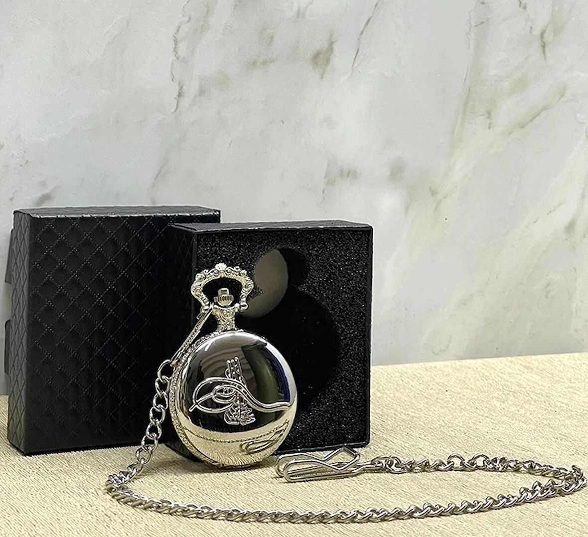 CEYLAN ADAM Özel Kutulu Osmanlı Tuğralı Gümüş Köstekli Saat Alk4663