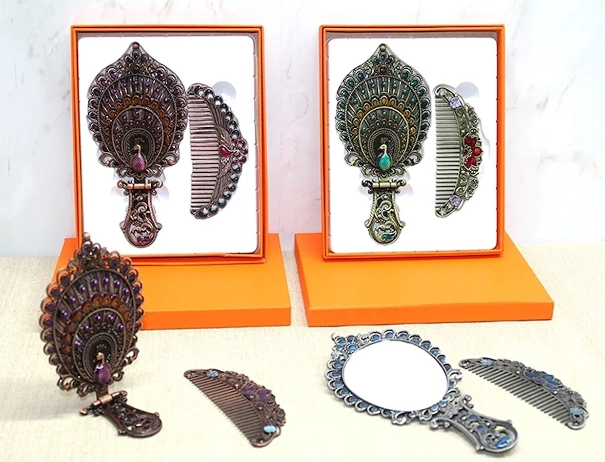 CEYLAN ADAM Tavuskuşu Katlanabilir Ayna Ve Tarak Seti Orta Boy Alk4984