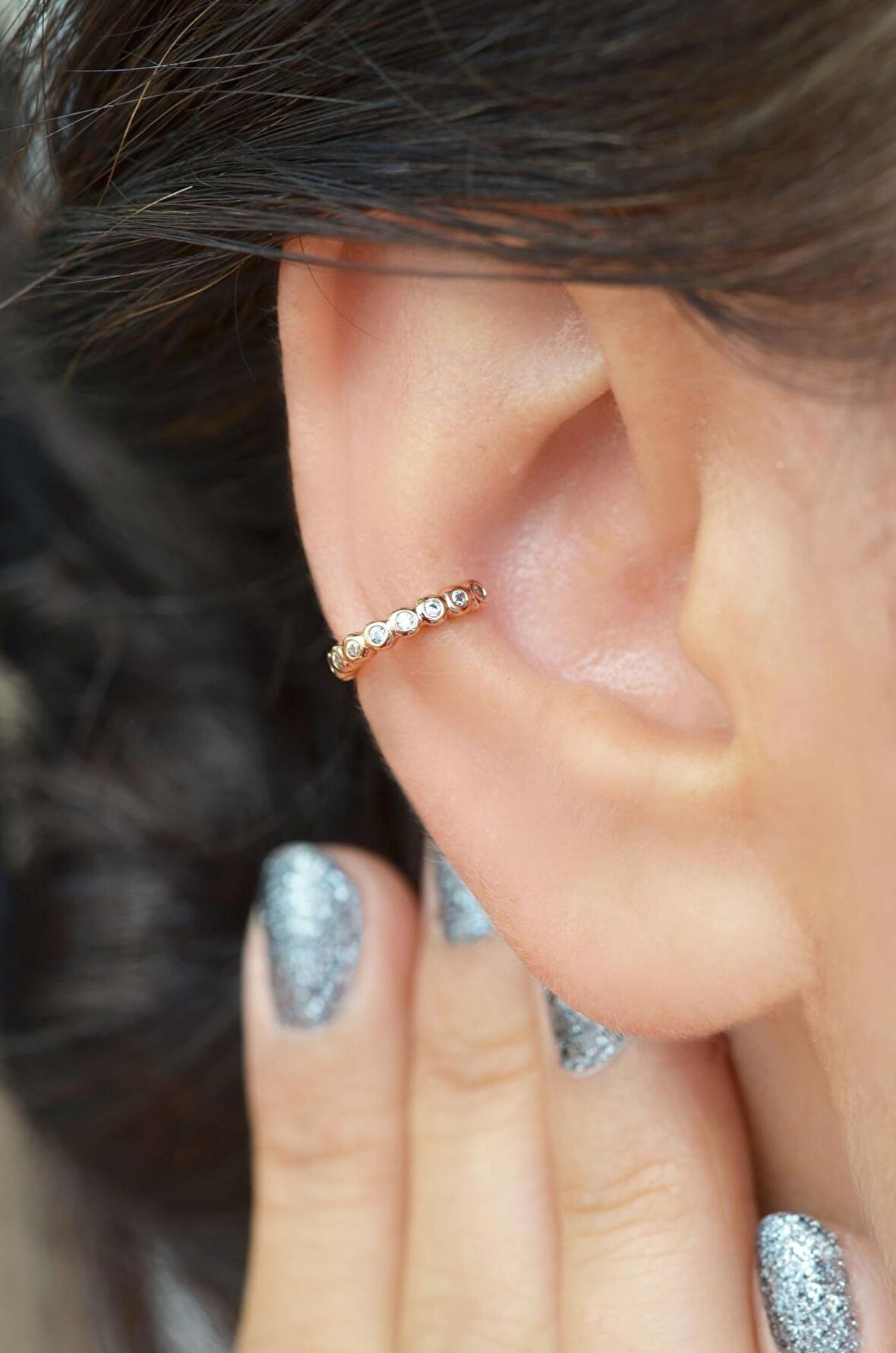 Sıkıştırmalı Kıkırdak Küpesi Mini İnce Taşlı Earcuff