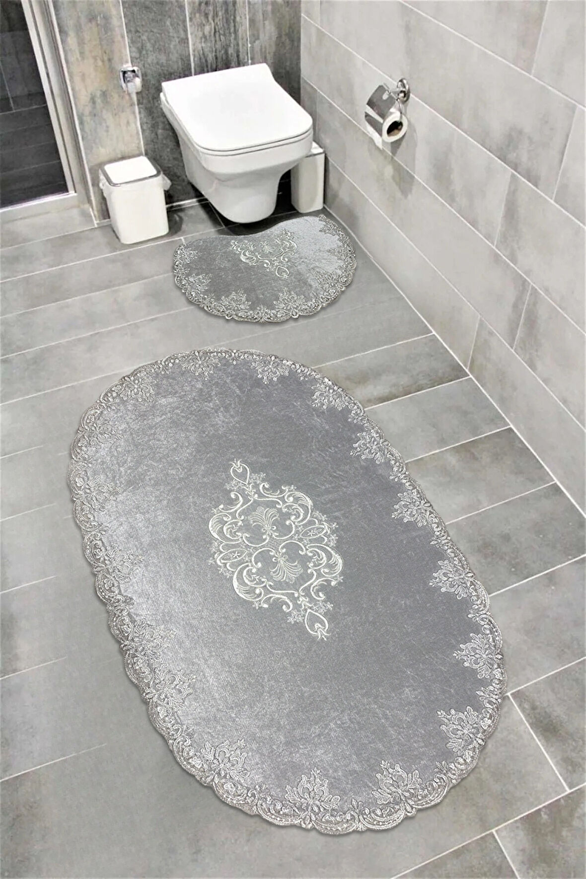 Milas Kaymaz Taban, Kadife Dantel Detaylı 3'lü Süper Lüks Oval Banyo Paspası Seti Gri