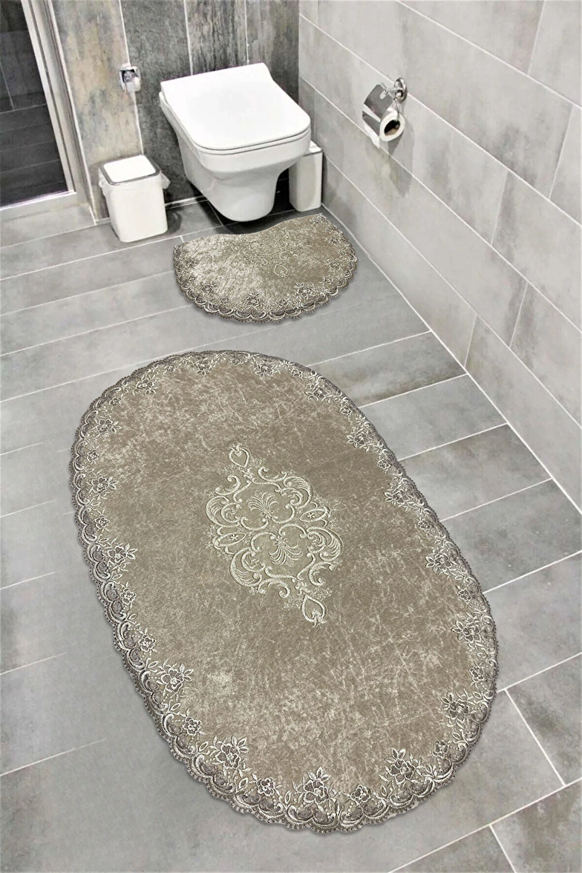 Milas Kaymaz Taban, Kadife Dantel Detaylı 3'lü Süper Lüks Oval Banyo Paspası Seti Koyu Kahverengi