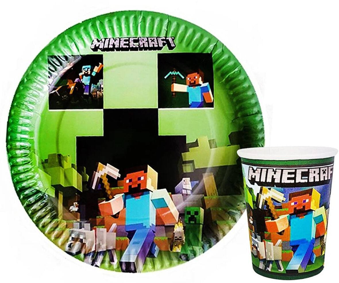 MİNECRAFT TEMALI KARTON TABAK VE BARDAK SETİ 8+8 ADET