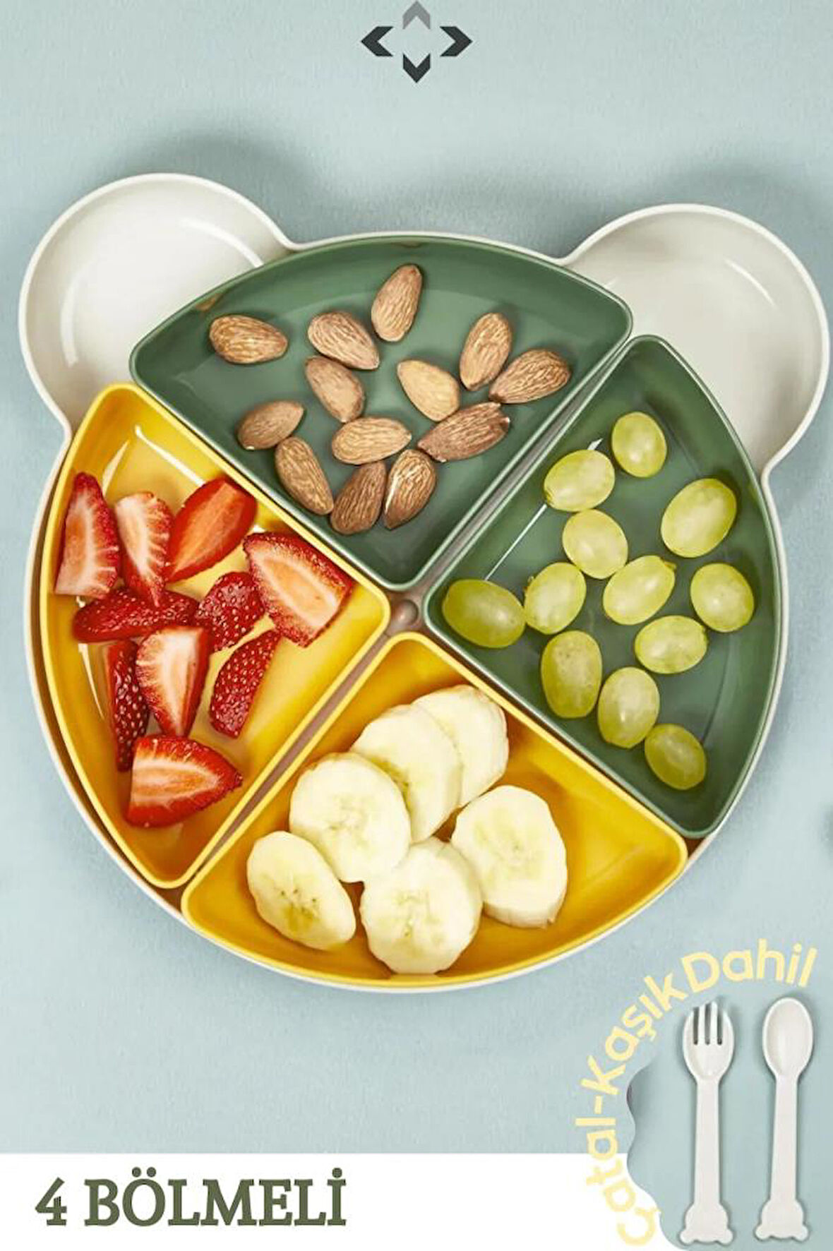 4 Bölmeli Çıkarılabilir Ayıcık Desenli 7 Parça Mama Yemek Tabağı ve Çatal Kaşık Seti BPA FREE