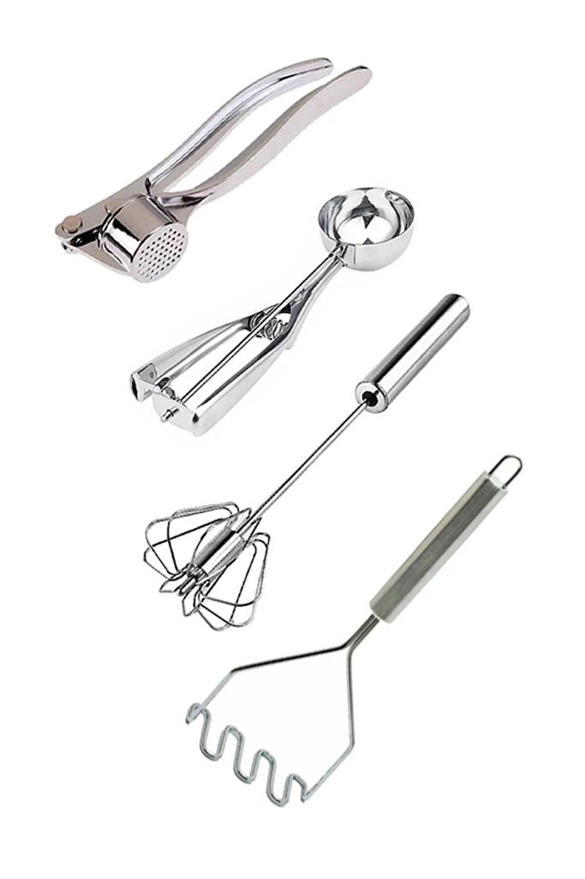 Paslanmaz Çelik Sarımsak Ezici, Dondurma Kaşığı, Çırpıcı ve Patates Ezici