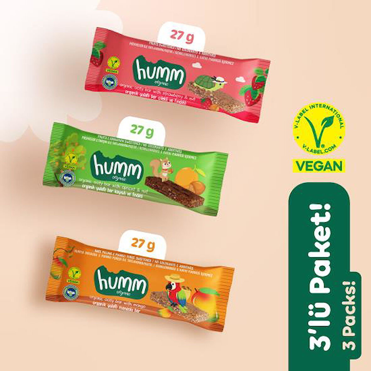 Organik Vegan Çilekli Kayısılı ve Mangolu Yulaf Bar Atıştırmalık Paketi - 3 adet (3 çeşit)