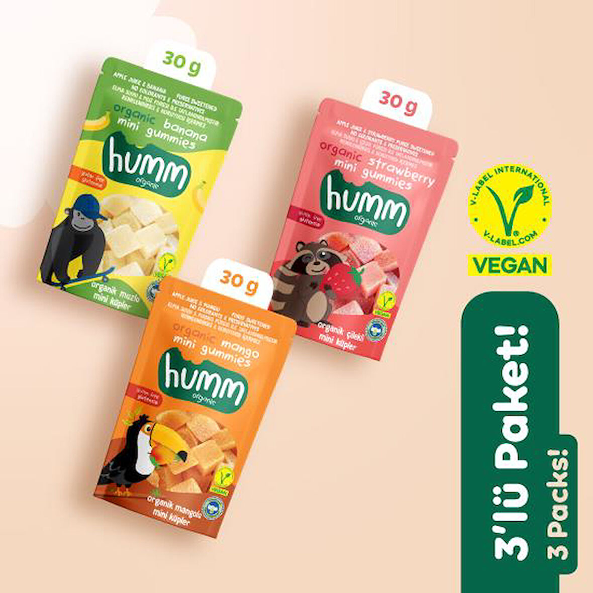 Organik Glutensiz Vegan Muzlu Çilekli ve Mangolu Mini Küpler Atıştırmalık Paketi - 3 adet (3 çeşit)