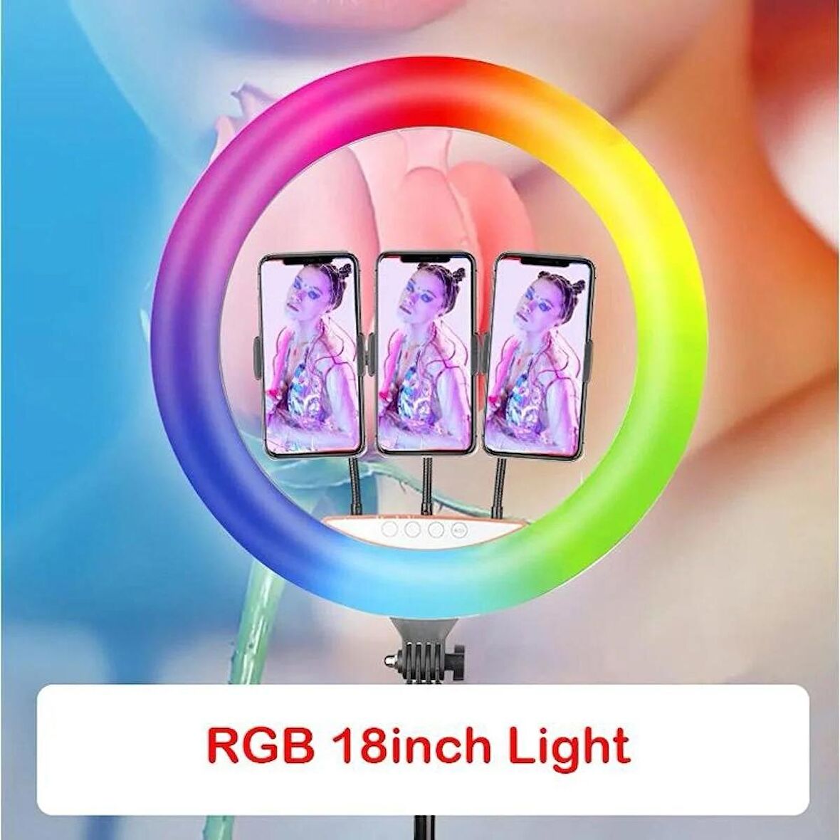 Rgb Ring Light 3 x Telefon Standlı Çantalı Kumandalı 18 Inç Youtuber LED Halka Işık 2 Metre Tripod