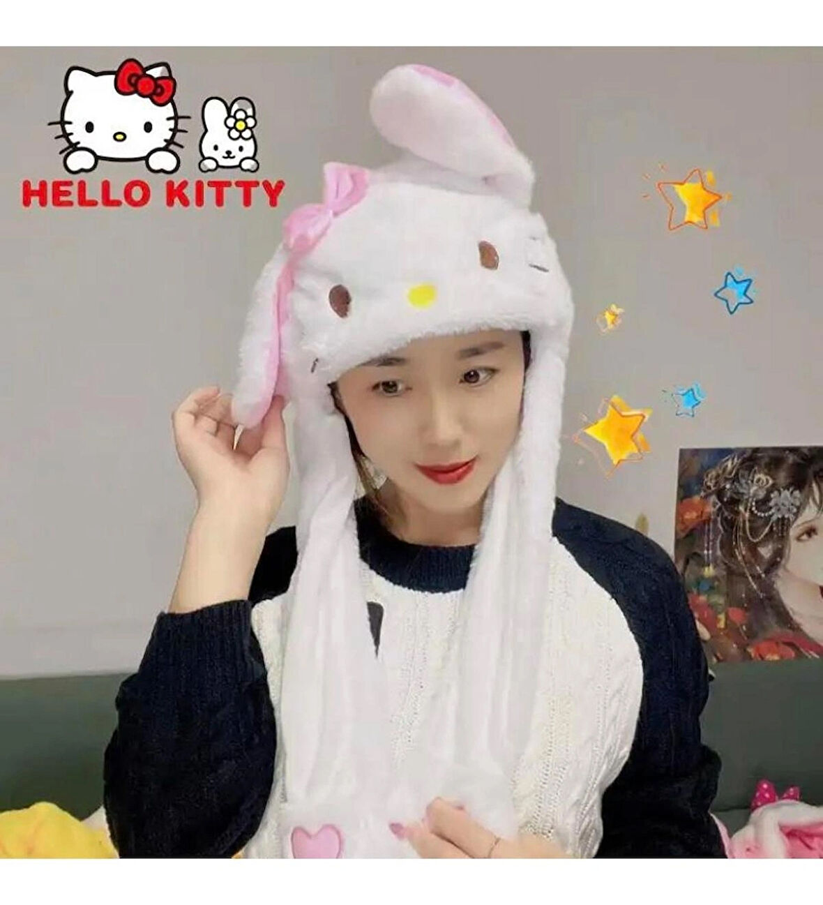 Sanrio Kuromi Hello Kitty Şapka Kulakları Hareket Eden Şapka Işıklı Modlu Peluş Bere Şapka