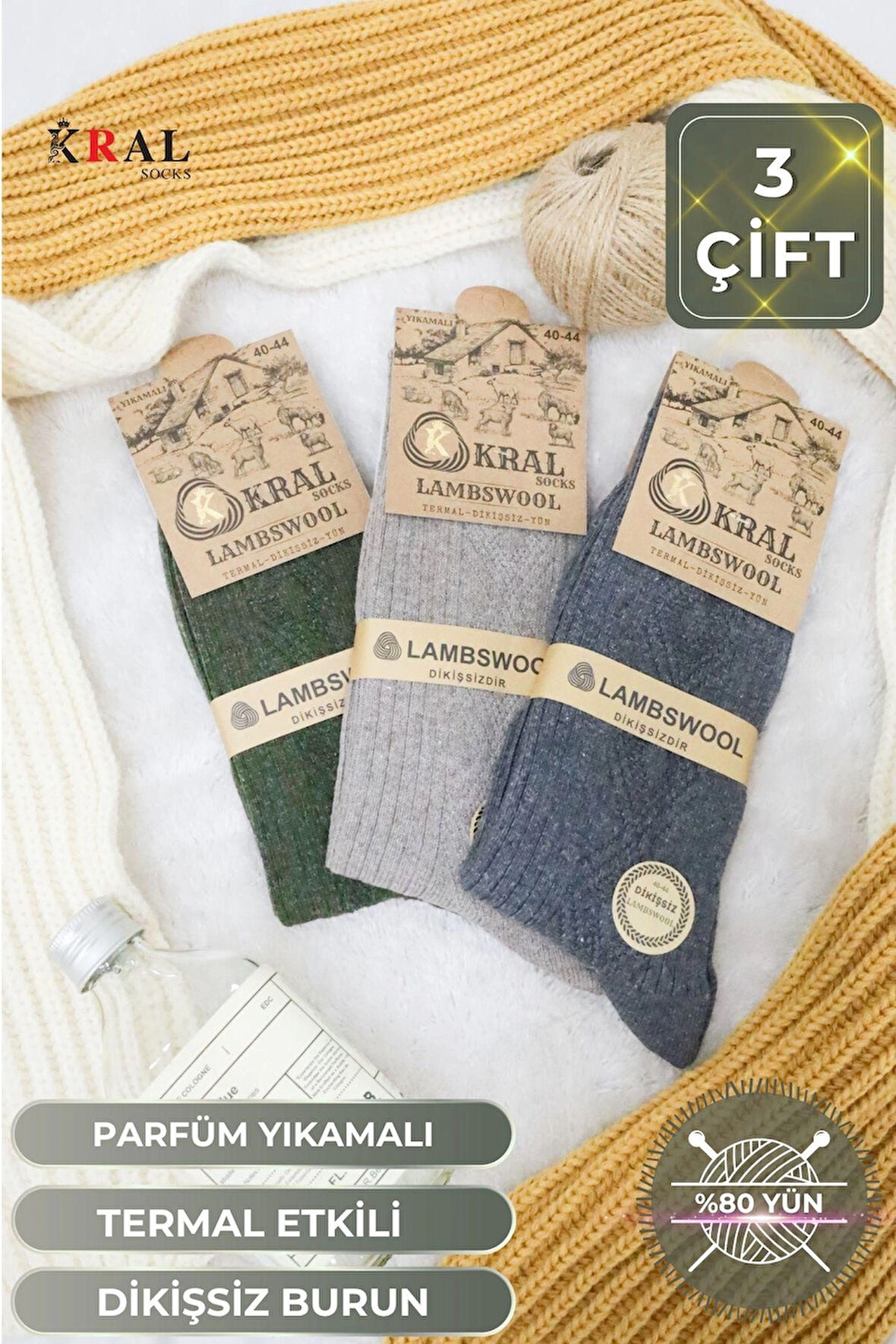 Erkek Koyun Yünü Lambswool Kışlık 3'lü Set Çorap