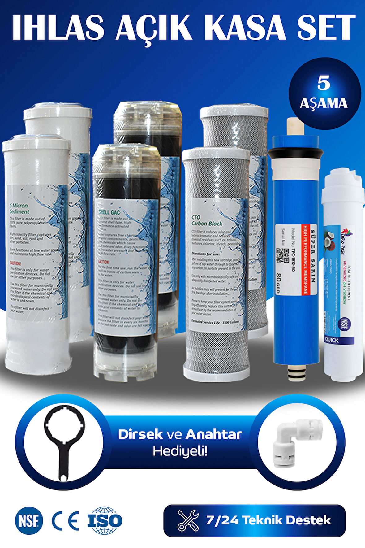 İhlas Cebilon Su Arıtma Cihazı Uyumlu 5 Aşama 80 GPD Süper Membranlı 1 Yıllık Filtre Seti