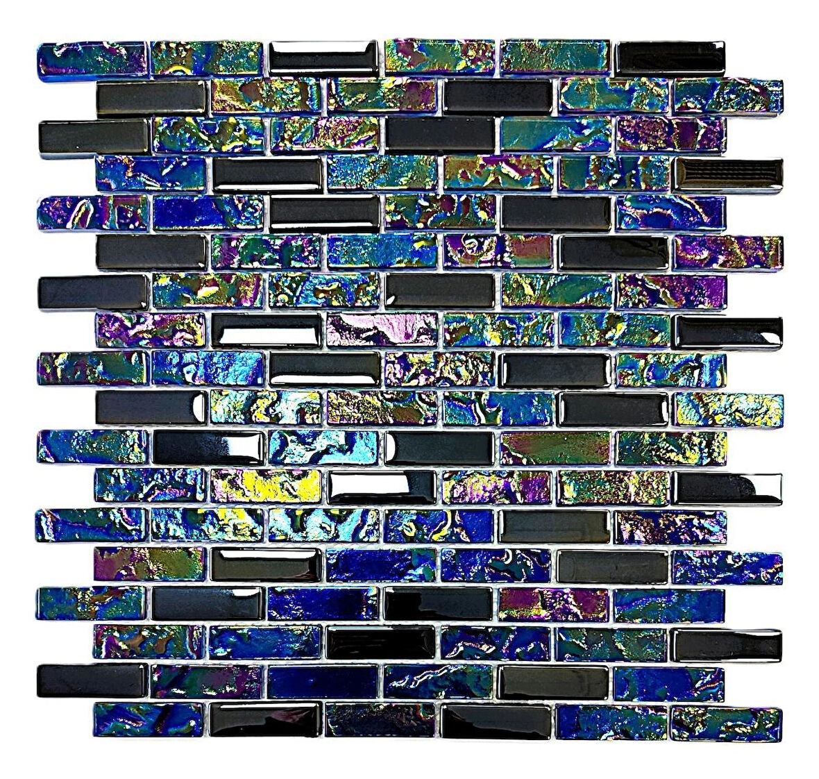 Mutfak tezgah arası, Havuz, Banyo, Sauna, Spa, iç ve dış kaplama ve dekorasyon uygulamalarında tüm yüzeyler için, 15x48mm. Lüster Black-Lüster Blue Mix. 30x30cm. Fileli Kristal Cam Mozaik.