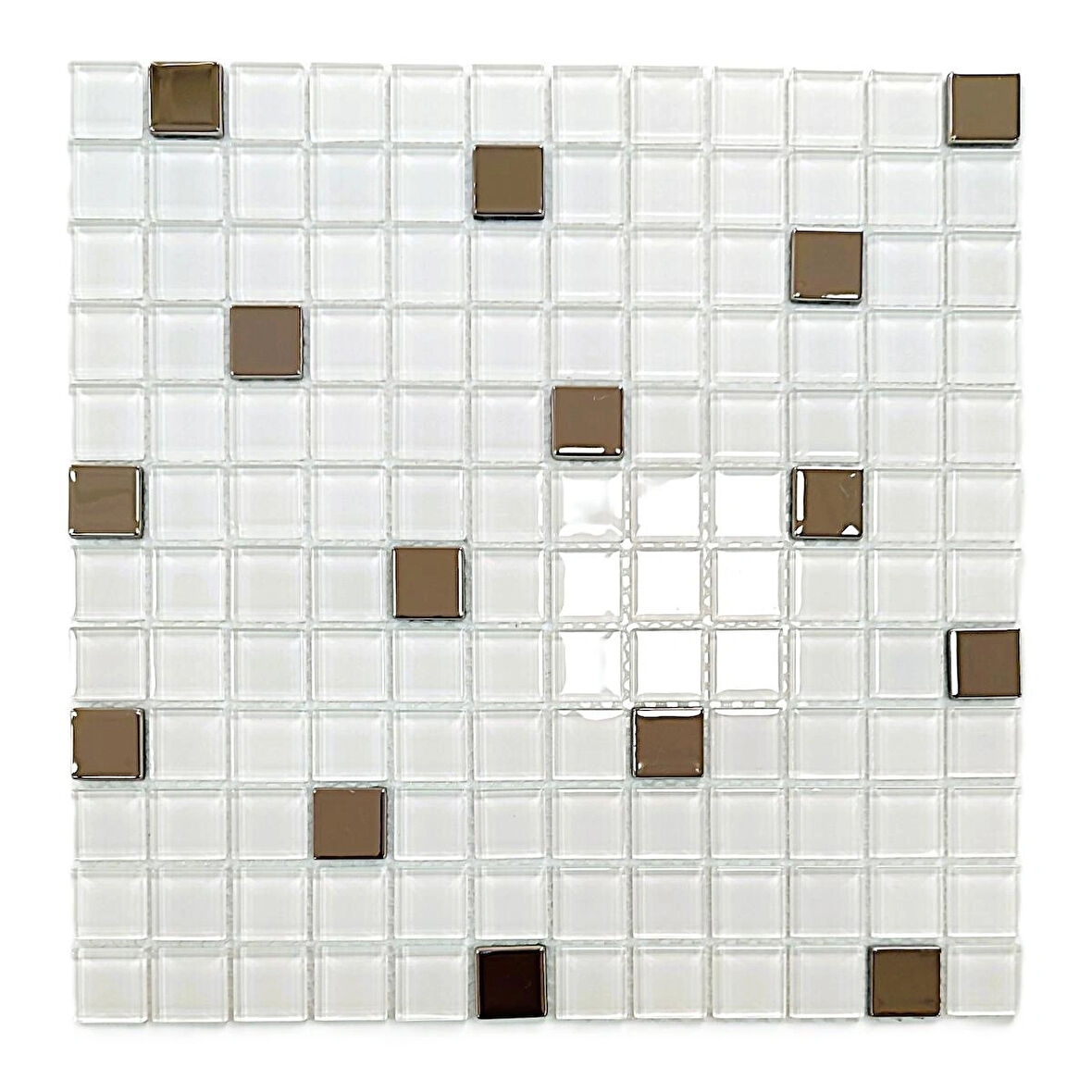 Mutfak tezgah arası ve iç mekan kaplama ve dekorasyon uygulamalarında tüm yüzeyler için, 23x23mm. Beyaz-Gümüş Krom Mix. 30x30cm. Fileli Kristal Mozaik.