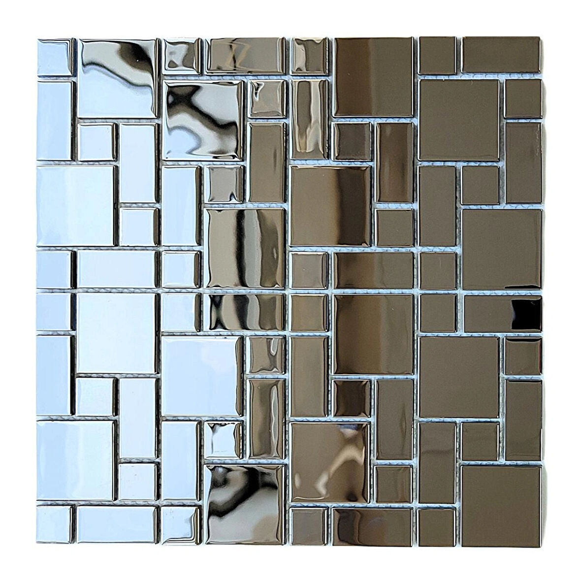 Mutfak tezgah arası ve iç mekan kaplama ve dekorasyon uygulamaları için, Mix. Gümüş Krom, 30x30cm. Fileli Kristal Mozaik.