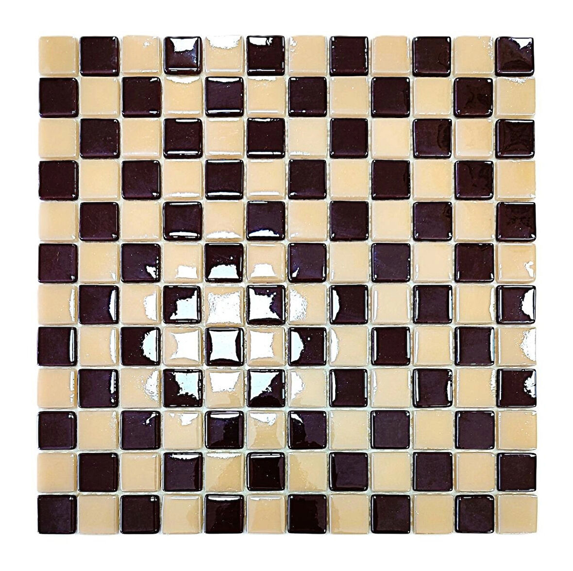 Mutfak tezgah arası, Havuz, Banyo, Sauna, Spa, iç , dış, zemin, duvar, kaplama ve dekorasyon uygulamalarında tüm yüzeyler için, 25x25mm. Krem-Kahve, Damalı, 31.5x31.5cm. Fileli Cam Mozaik.