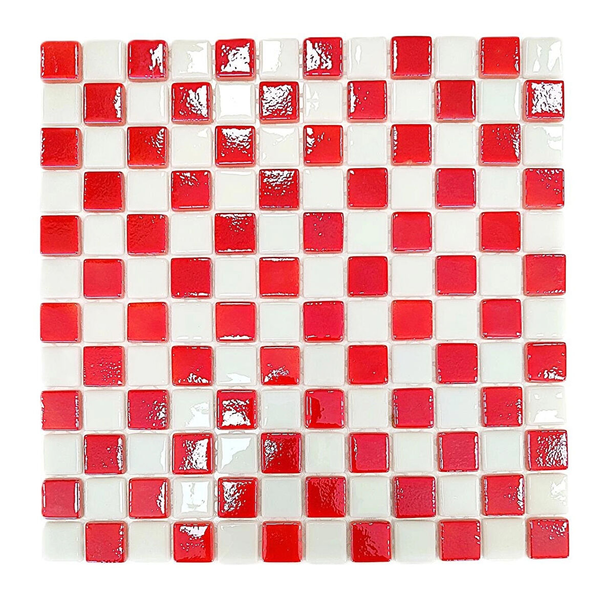 Mutfak tezgah arası, Havuz, Banyo, Sauna, Spa, iç , dış, zemin, duvar, kaplama ve dekorasyon uygulamalarında tüm yüzeyler için, 25x25mm. Kırmızı-Beyaz  Damalı , 31.5x31.5cm. Fileli Cam Mozaik.
