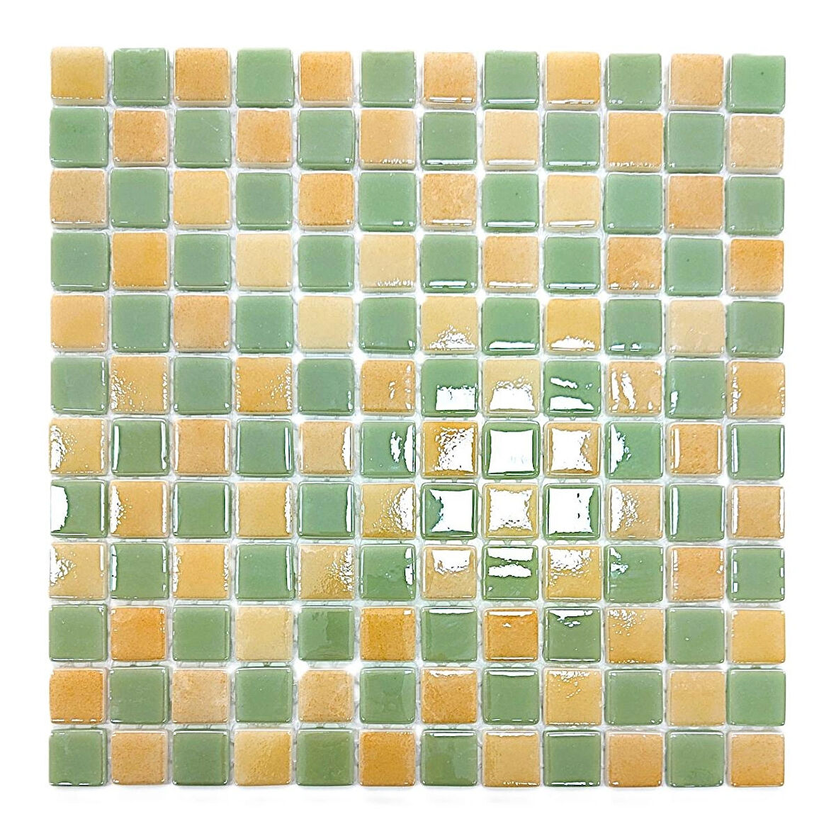 Mutfak tezgah arası, Havuz, Banyo, Sauna, Spa, iç , dış, zemin, duvar, kaplama ve dekorasyon uygulamalarında tüm yüzeyler için, 25x25mm. Mint Yeşili-P.Sarı Damalı,  31.5x31.5cm. Fileli Cam Mozaik.