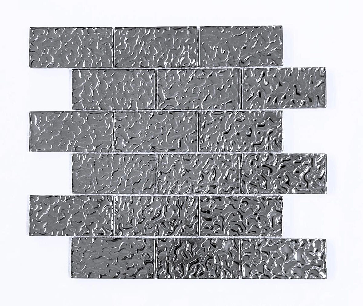 Mutfak tezgah arası ve iç mekan kaplama ve dekorasyon uygulamaları için, 48x98mm. Gümüş Krom, 30x30cm. Fileli Kristal Mozaik.