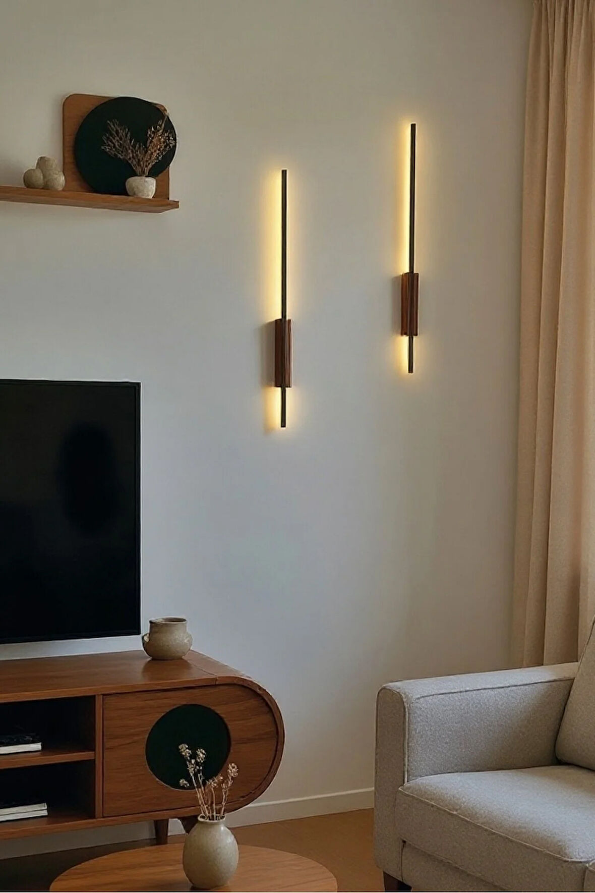 Pilli Kılıç Aplik Gece Lambası Ahşap Kasa Ceviz 2 Adet (70 cm)