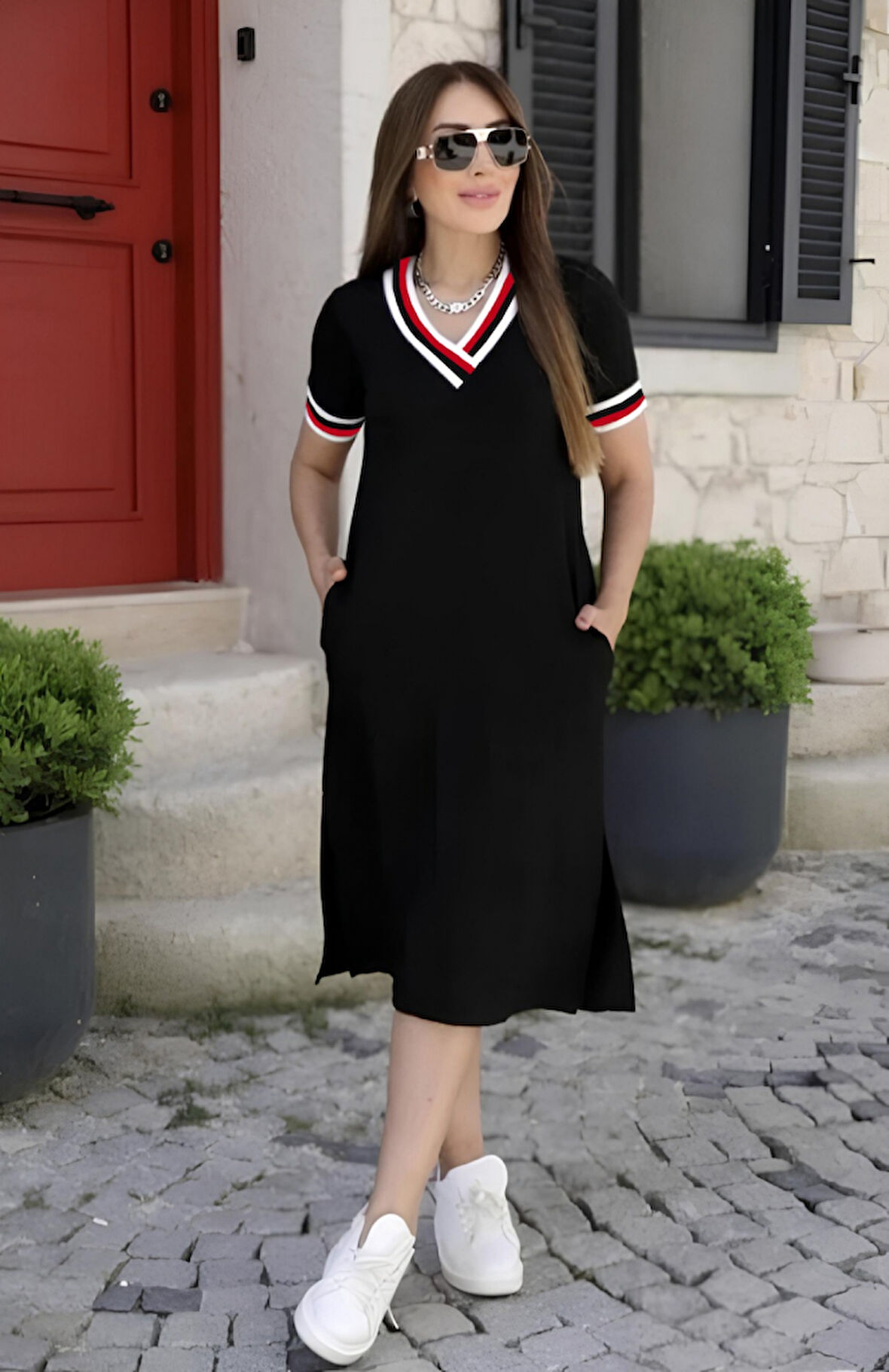 Moda Kumsal Kadın Kısa Kollu V Yaka Ve Yaka Ribana Detay Midiboy Viskon Elbise