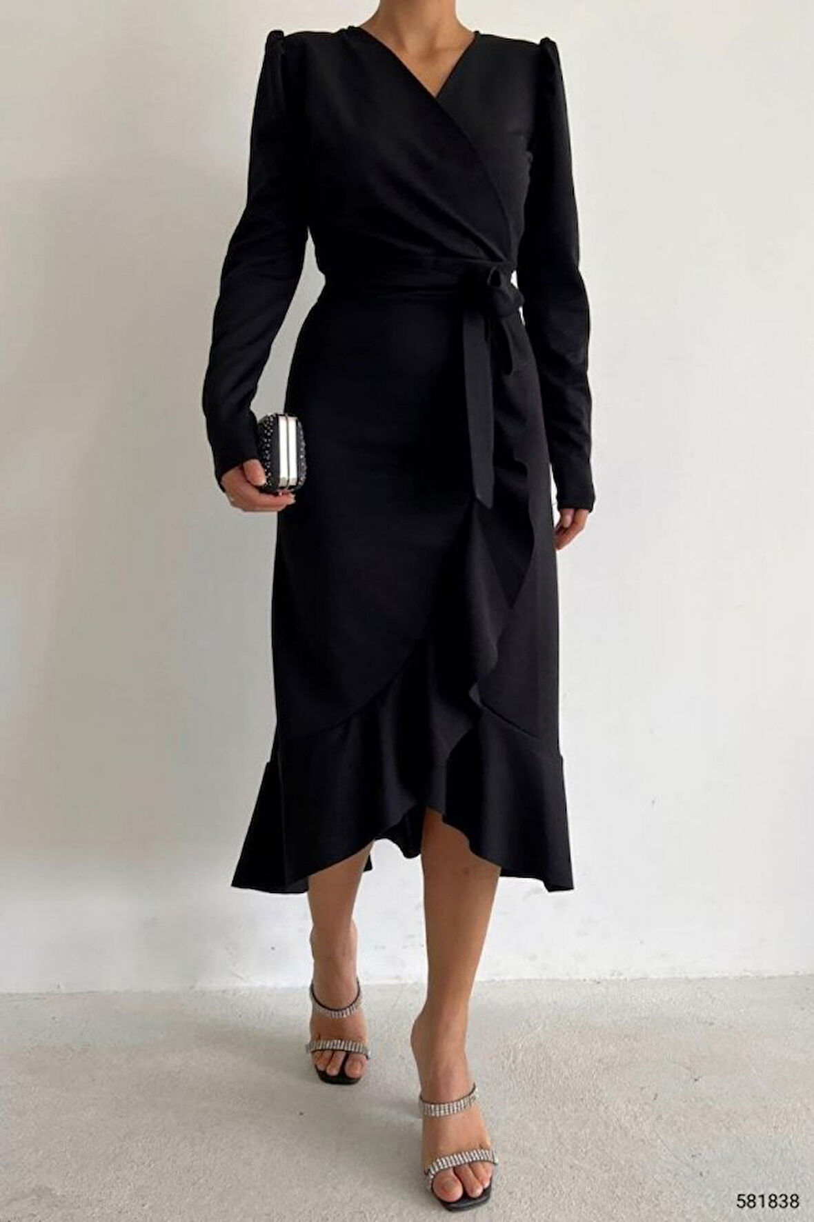 Moda Kumsal Krep Kumaş Midi Boy Kuşaklı Uzunkol Elbise 113 Cm