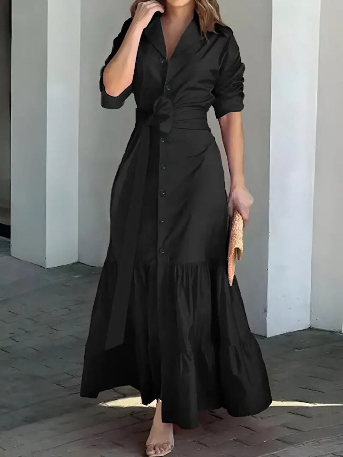 Moda Kumsal Kadın Uzun Kollu Eteği Fırfırlı Beli Kuşaklı Trikoton Tam Boy Gömlek Elbise