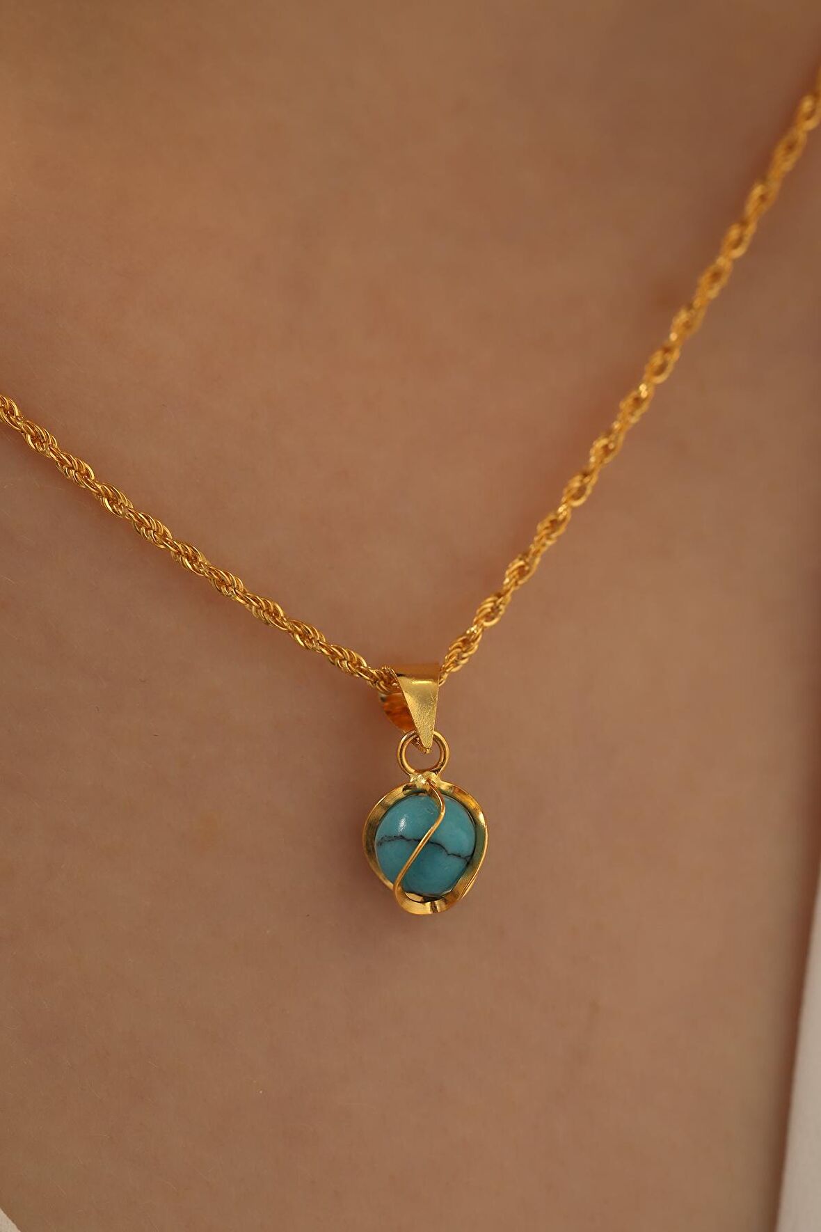 14 Ayar Altın Kafesli Firuze Halat Zincir Kolye