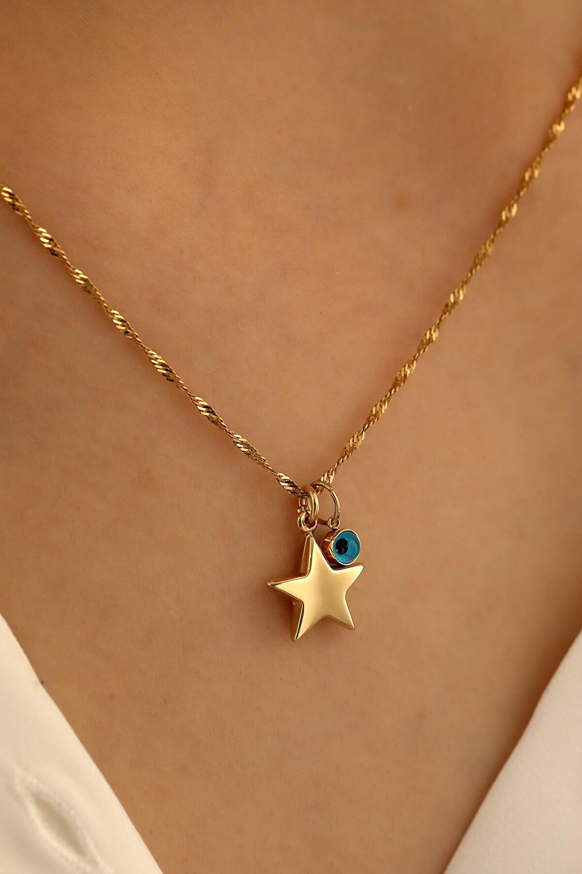 14 Ayar Altın Yıldız Göz Singapur Zincir Kolye