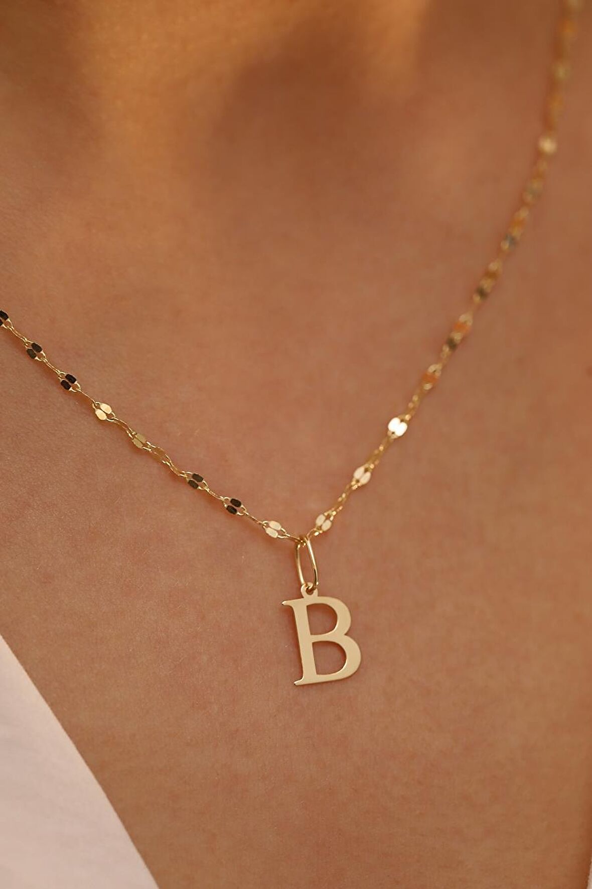 14 Ayar Altn B Harfli Kalın Aynalı Zincir Kolye
