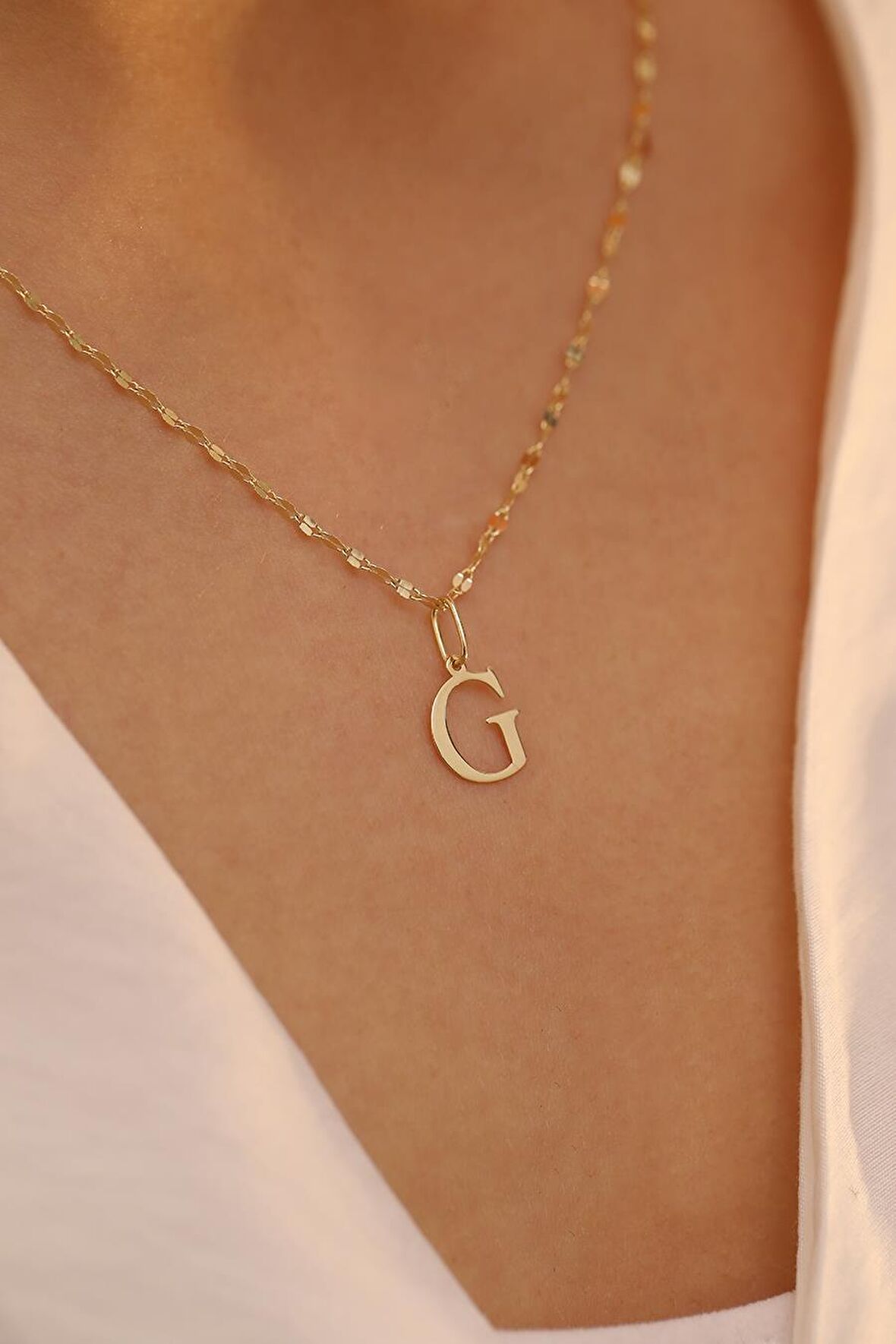 14 Ayar Altn G Harfli Kalın Aynalı Zincir Kolye