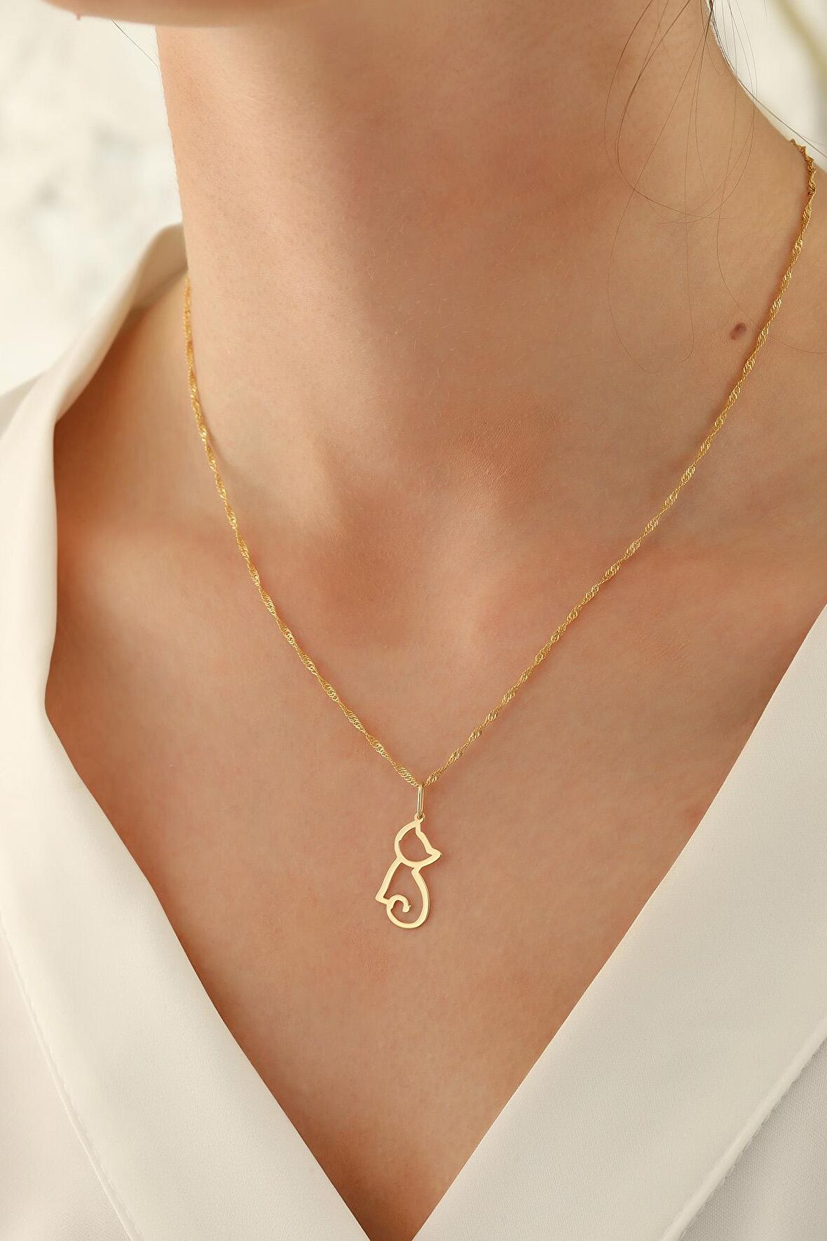 14 Ayar Altın Singapur Zincir Kedi Kolye