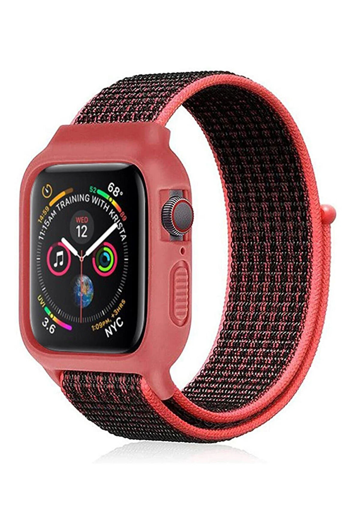 Apple Watch 42mm Hasırlı Cırtcırtlı Kasalı Kordon - Siyah-Pembe-(5796)