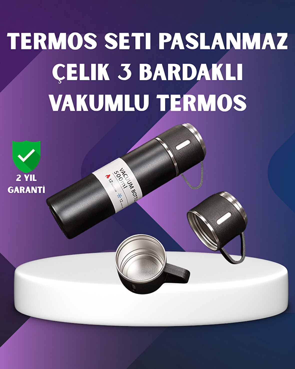 Paslanmaz Termos ve İkili Bardak Seti | 6-12 Saat Sıcak/Soğuk Tutma